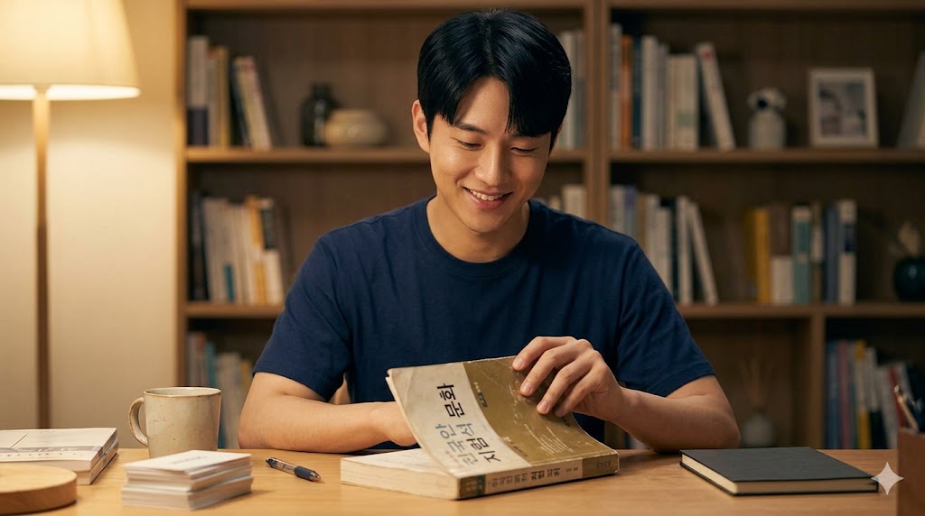 韓国語の勉強を終え、満足げな表情でテキストを閉じる日本人男性。達成感を感じている様子。