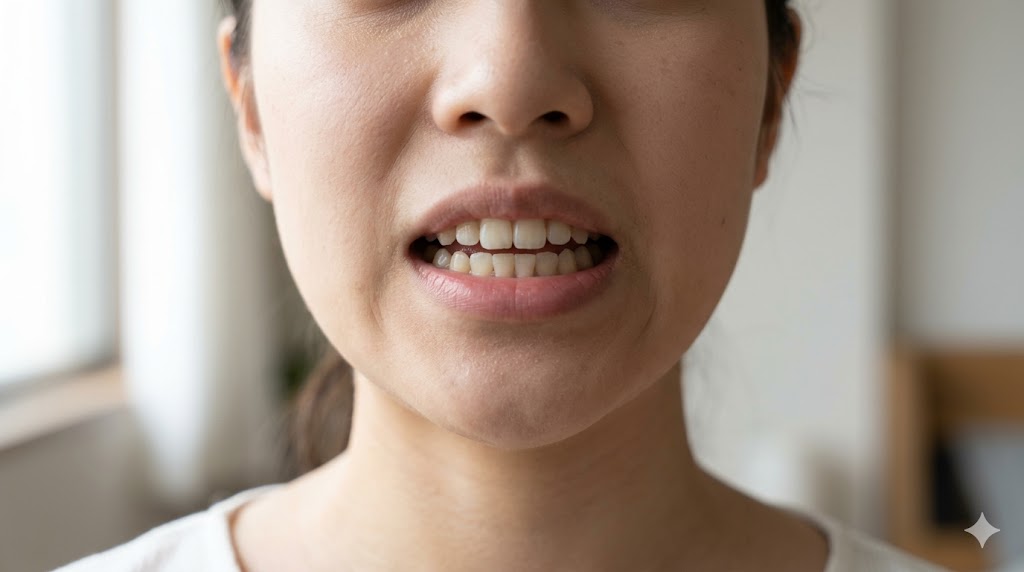 日本語にないハングル母音「으（ウ）」の正しい発音である、口角を左右に限界まで引っ張って「イー」の形を作る日本人女性の口元アップ。しかめっ面で喉の奥から音を出すイメージ。