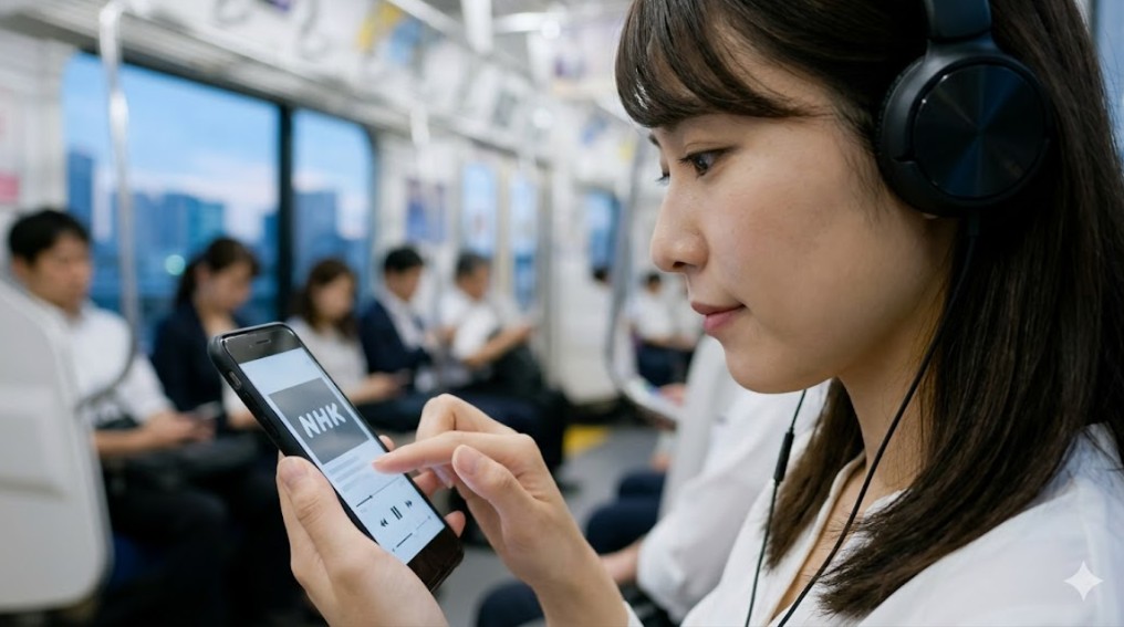 通勤中の電車内で、スマートフォンのNHKゴガクアプリやKBS WORLDのニュース音声を聴きながら「生の韓国語」をシャドーイング練習する日本人学習者。