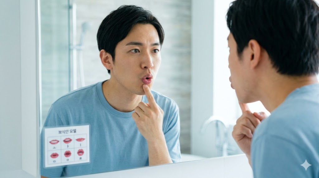 鏡の前で自分の口元を指差し、二重母音の発音時の唇の動きを確認している日本人男性。