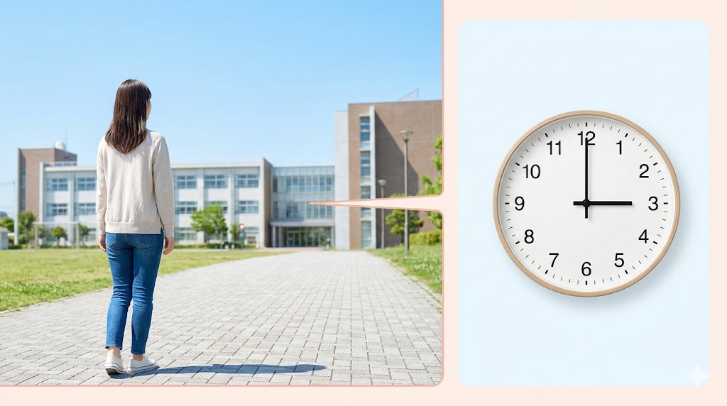 韓国語学習中の日本人女性が学校に向かって歩いている姿と、3時を指す時計が表示されており、目的地（学校へ）と時間（3時に）を視覚的に表している。
