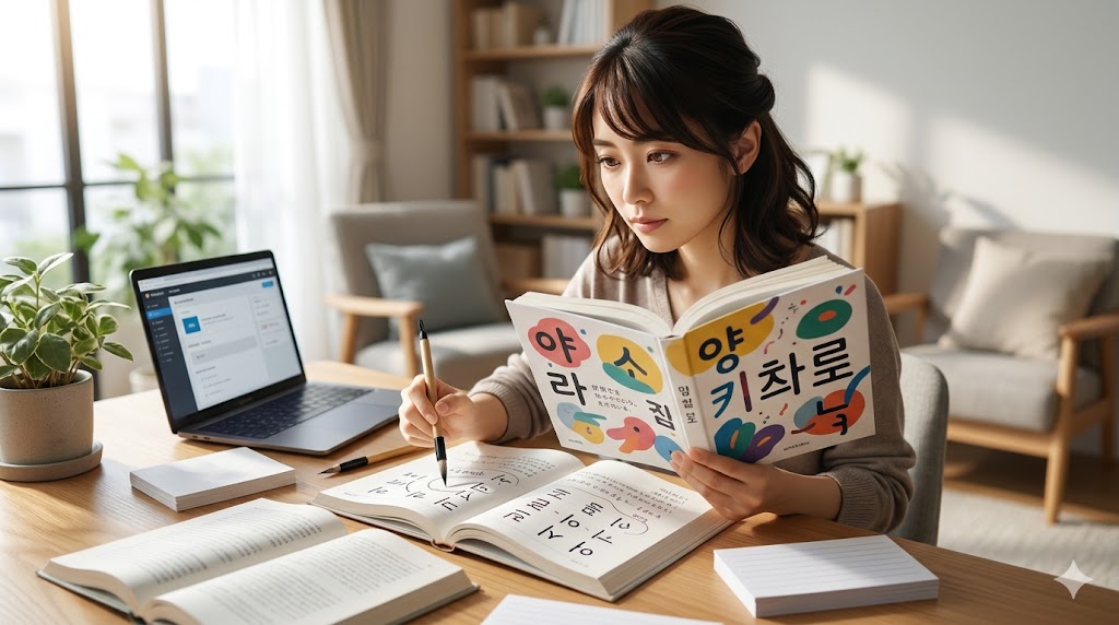 韓国語の動詞・形容詞の語幹の母音（陽母音・陰母音）を分析し、アヨ体とオヨ体のどちらをつけるか判断する日本人女性