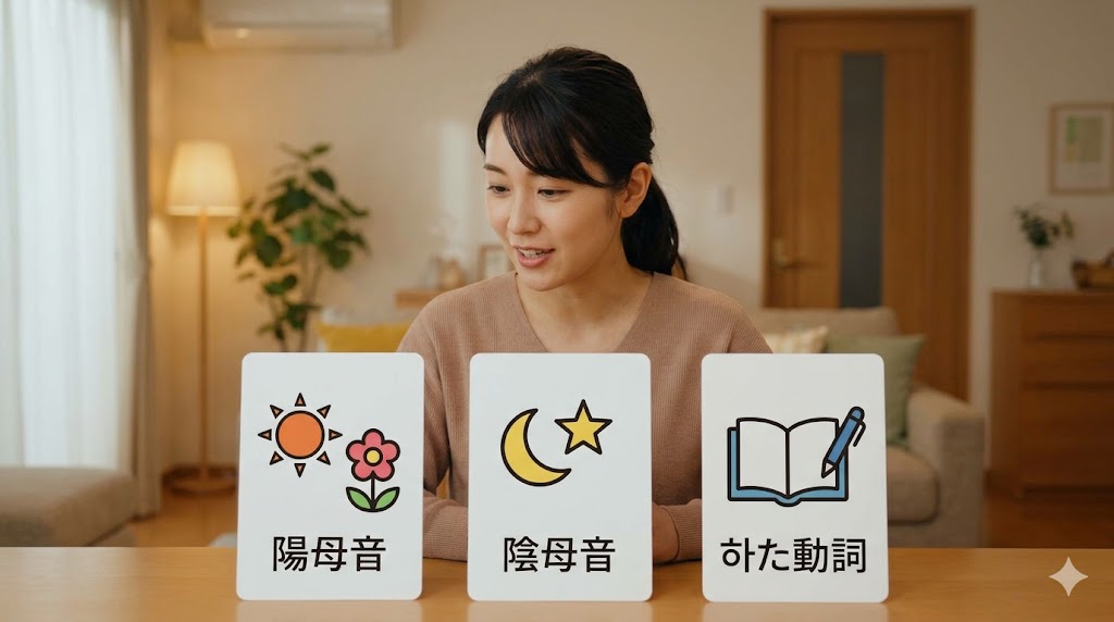 自宅のリビングで、韓国語の動詞・形容詞のヘヨ体活用ルール（陽母音・陰母音・하다動詞）のカードを見て理解する日本人の女性。