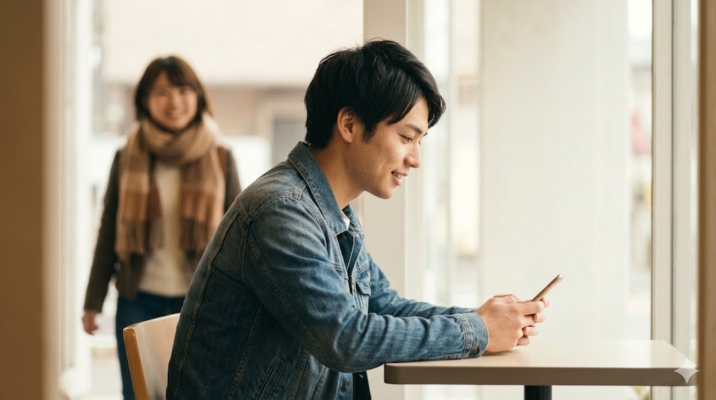 カフェでスマホを見ながら、窓の外の（ぼやけた）友達を思い浮かべる日本人男性。未来進行形や推量(-고 있겠다)の、「今頃きっと〜しているだろう」というニュアンスを表現。