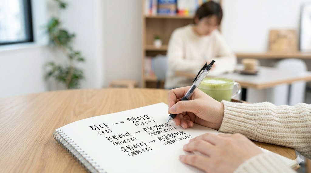 日本人女性学習者の手が、カフェのテーブルでノートに「공부하다」から「공부했어요」への活用形を書き留める