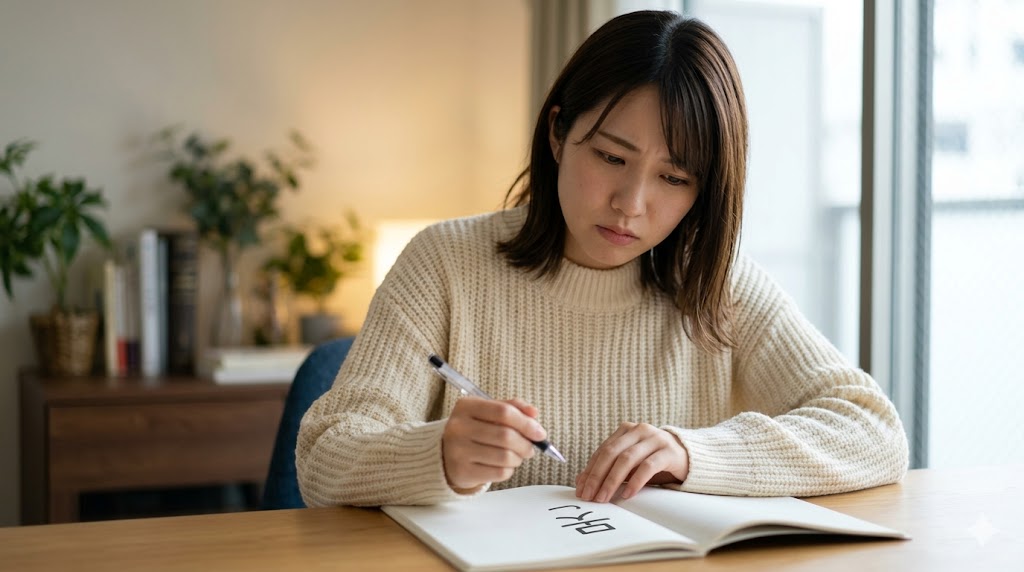 日本人の女性が、自宅のデスクで韓国語の否定表現「못」の使い方を真剣に勉強している。