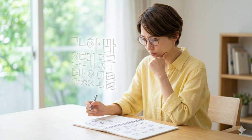 明るい自宅の学習スペースで、アジア人女性が眼鏡をかけ、韓国語のノートを見つめながら「-지 않다」の活用ルールと、意志（動詞）と状態（形容詞）による使い分けについてじっくりと考えている。