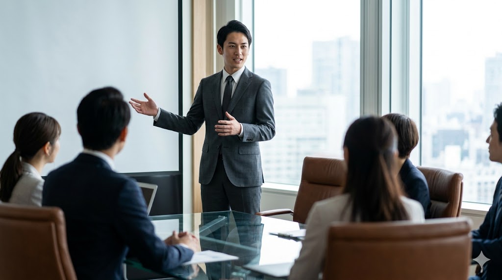 日本企業のオフィスで、上司に対して背筋を伸ばし、真剣な表情でプレゼンテーションを行う日本人若手社員。強い意志や決意を表明する「-겠어요」のフォーマルな使用シチュエーションを視覚的に表現する。