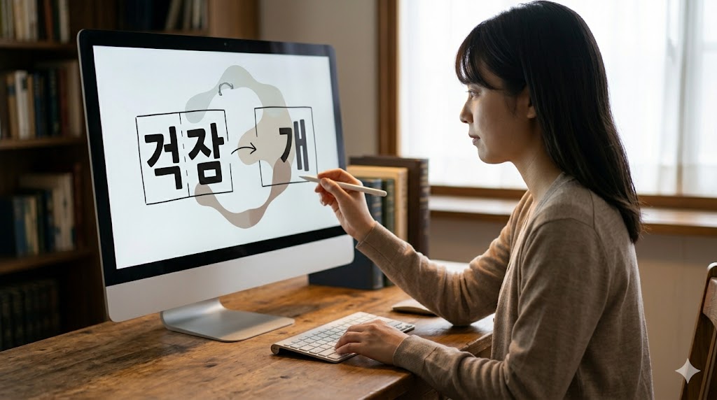 韓国語の二重パッチムにおける連音化の仕組みを、日本人学生がデジタル教材を使って図解化し理解する、E-E-A-T向上のためのイメージ画像。