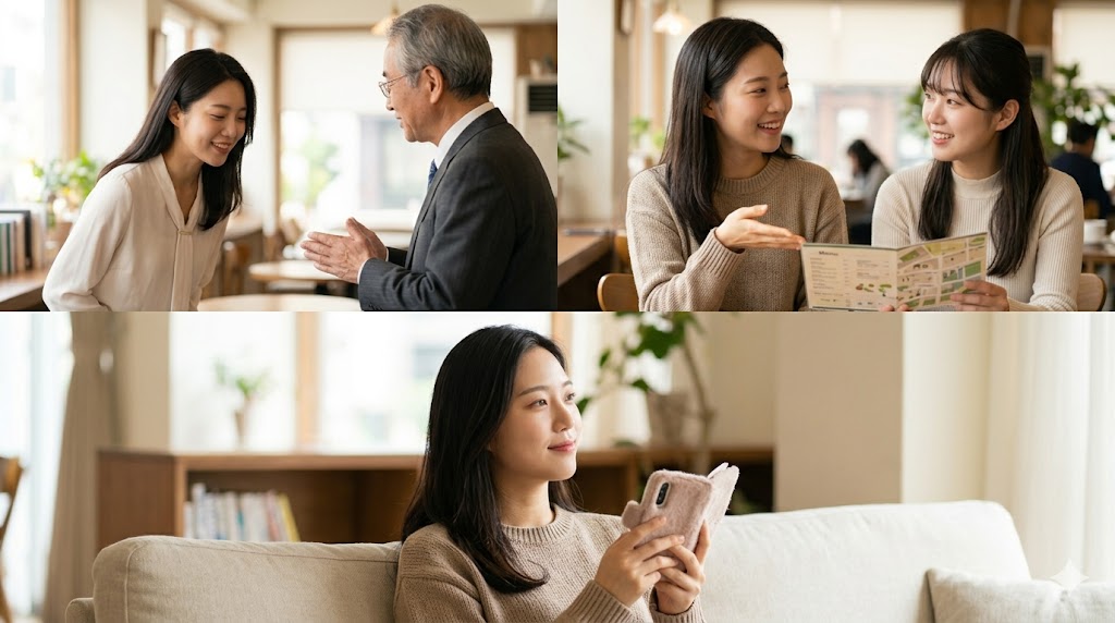 日本人女性が、相手に合わせて韓国語の「〜したい」という表現を使い分ける様子を描いたイメージ画像。目上の男性には丁寧語（ヘヨ体）で、親しい友人にはタメ口（パンマル）で自然に話しかけており、会話のシチュエーションに応じた適切なトーンが表現されている。