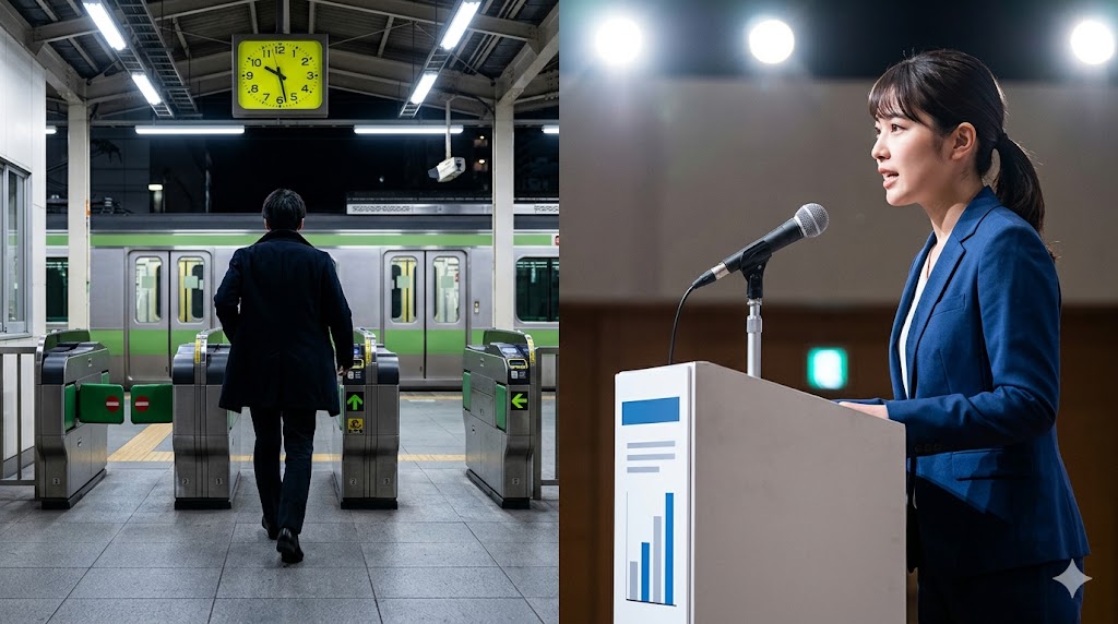 Split image contrasting objective situation (a Japanese person rushing to catch the last train, indicating 'deuda') and subjective conviction (another young Japanese woman giving a strong, convincing speech at a podium, indicating 'hada').