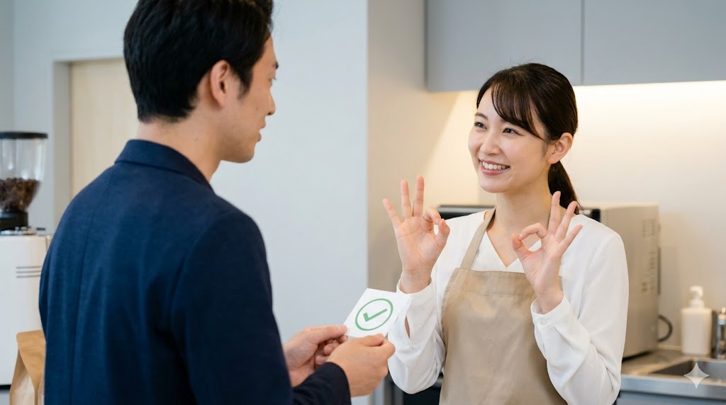 カフェで店員に許可を求める日本人客と、笑顔で「O」のジェスチャーをして快諾するバリスタ。