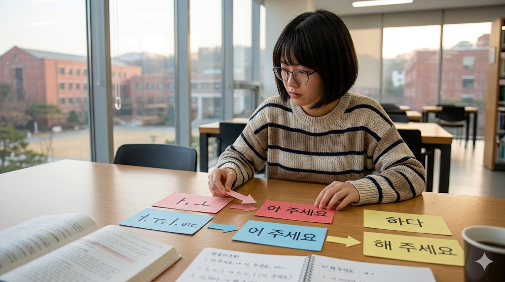 ソウルの語学学校のライブラリーで、日本人の女子留学生が韓国語の「母音の法則」を色分けしたカードを使って体系的に整理・学習する様子。韓国語の文法ルール（陽母音・陰母音の接続）を視覚的に理解し、E-E-A-T向上を図るイメージ画像。