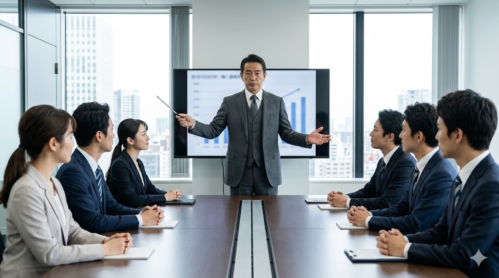大阪のモダンな会議室で、日本人男性役員が社員に向けて力強くプレゼンテーションを行っている。フォーマルなハプショ体を使った勧誘・提案の場面。