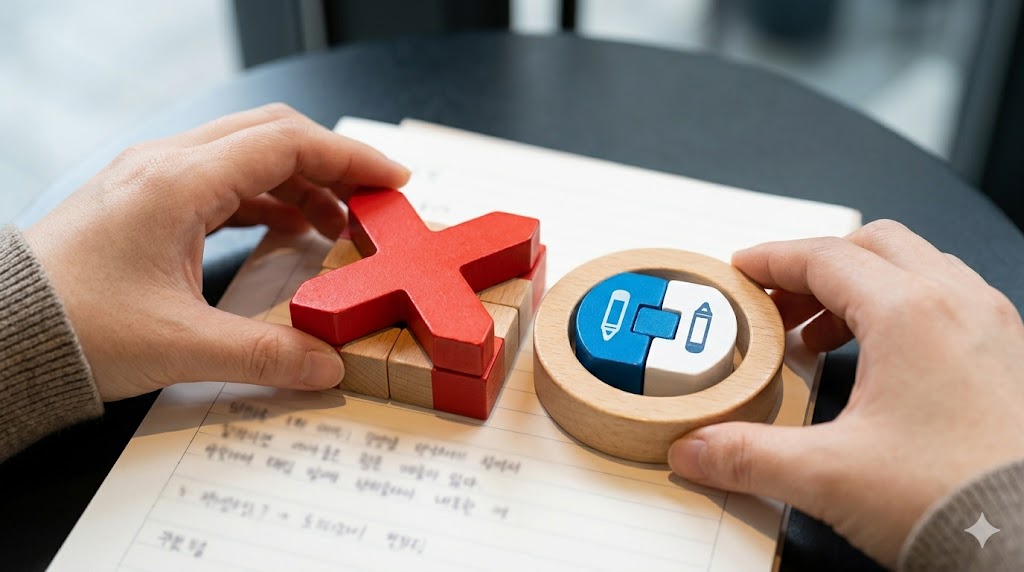 ノートの上で、韓国語の「-아/어서」接続における時制ルールの間違い（✖）と正解（⭕）の物理的なパズルを比較する日本人女性の手元。