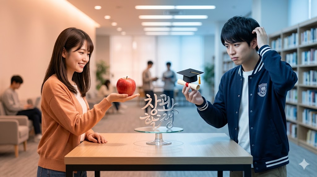 韓国語の名詞接続ルールの違いを、日本人学生二人の実写で表現。左側は温かい光の中、女子学生が笑顔で「りんご（パッチムなし）」を提示。右側は涼しい光の中、男子学生が少し考え込む様子で「卒業帽（学生、パッチムあり）」のアイコンを掲げている。