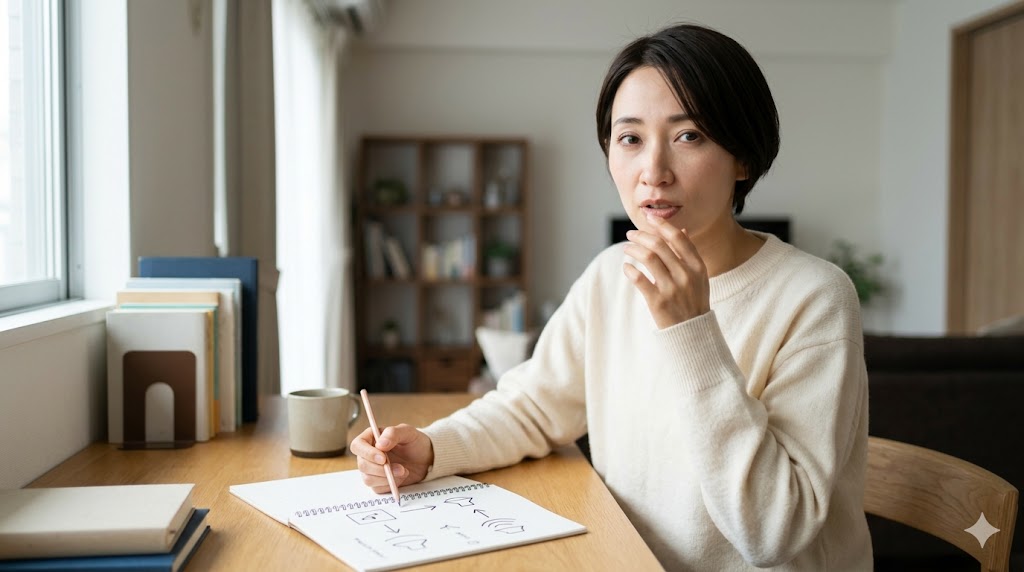 韓国語の複合ルールによる鼻音化の2段階変化を、ノートに書き出して分析する日本人女性。