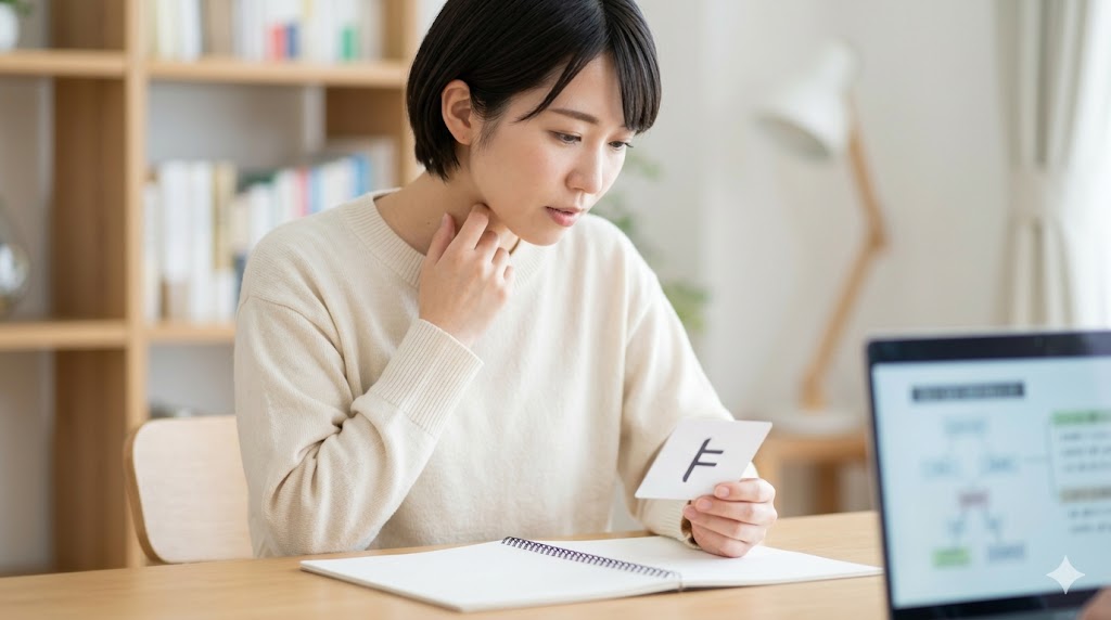 静かな学習室で韓国語のパッチム代表音を確認する日本人女性。ノートと単語カードを使い、集中して発音を学んでいる。