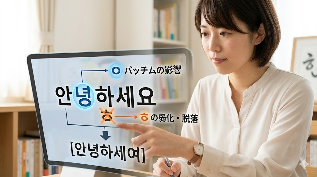 韓国語の発音変化、連音化（お引越し）と激音化（合体進化）のメカニズムの違いを比較した図解。日本人女性が両者の性質を理解しようとしている様子。