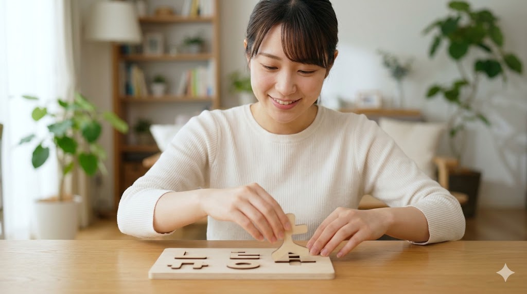 韓国語の学習者が、パッチムがない名詞に助詞「가」を付ける仕組みを、木製パズルをはめるように理解している様子。