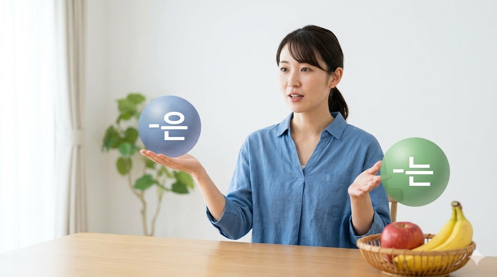 文のテーマを提示する日本の女性。片手で「私」についての話題（旧情報）を、もう片手で果物の対比（限定）を表現している。