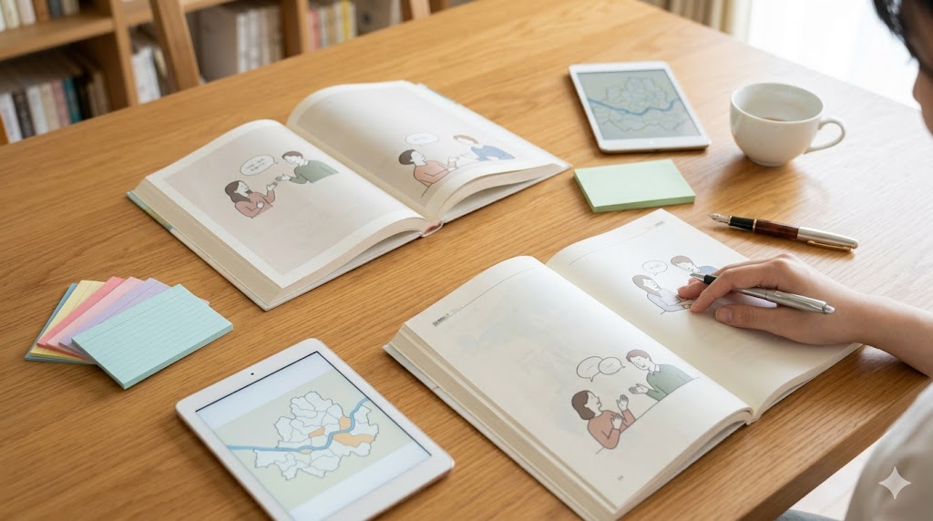 パソコンの前で集中して韓国語を勉強する日本人の女性。意志の強さと目標達成への意欲が感じられる。