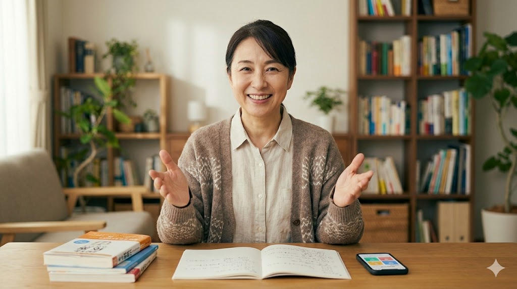 韓国語学習メディア「ハングルライフ」の女性運営者が、自身の書斎で笑顔で学習者を迎える様子。木製デスクには学習教材が並び、リラックスした親しみやすい雰囲気が漂う。