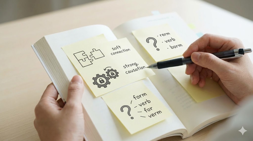 2枚の対比するイラスト。左側は「独立した出来事」を並列に繋ぐイメージ、右側は「前の動作が後の動作の前提・原因」となる強い繋がりを持つイメージを描き、2つの文法のニュアンスの違いを表現している。