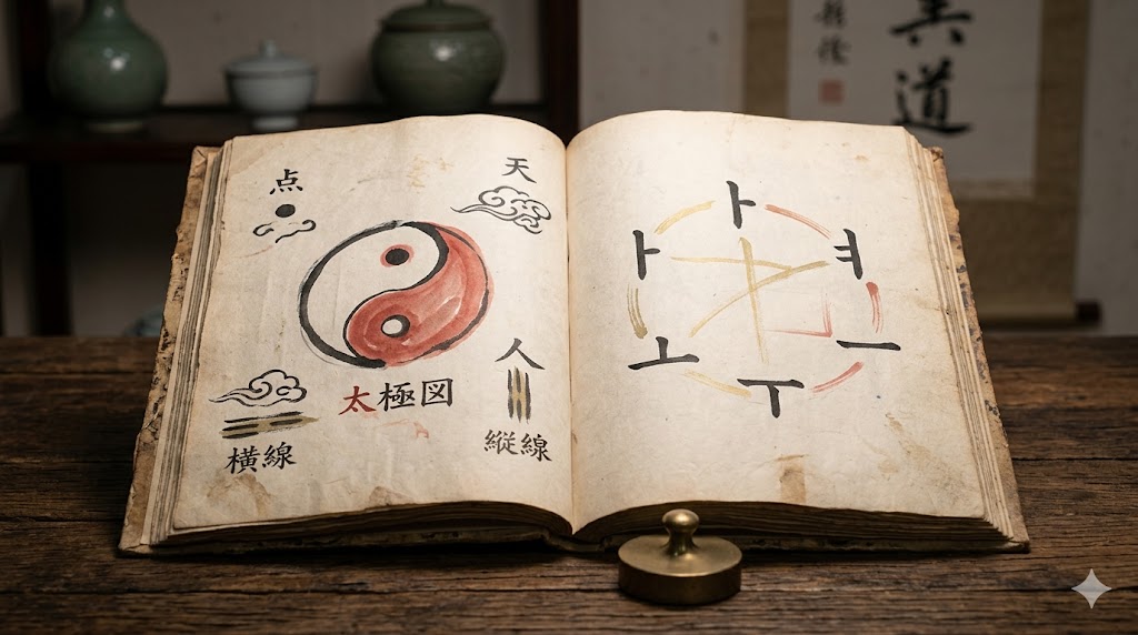 古い韓国の書物と、そこに描かれた太極図（陰陽）の概念図。ハングルの母音の起源をイメージ。