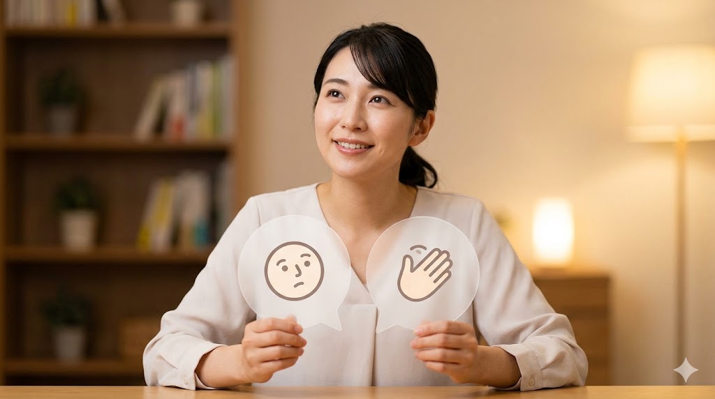 自宅のデスクで、韓国語の「〜나요?」や「〜(으)ㄴ가요?」が持つ好奇心や柔らかいニュアンスを、アイコンを使って表現する日本人の女性。