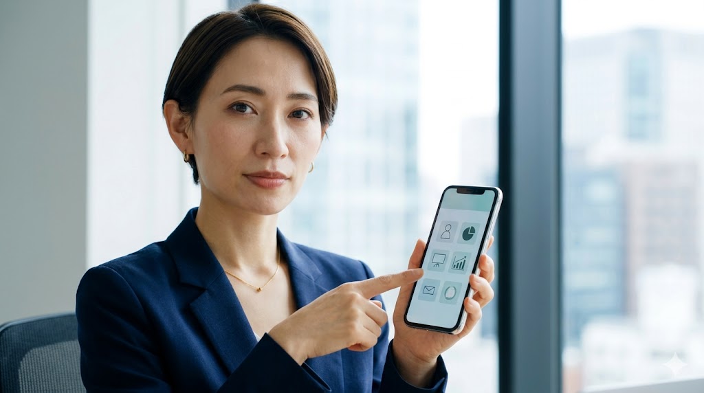 スマートフォンを指さし、未来の予定や意志を表現する日本人女性ビジネスパーソン。