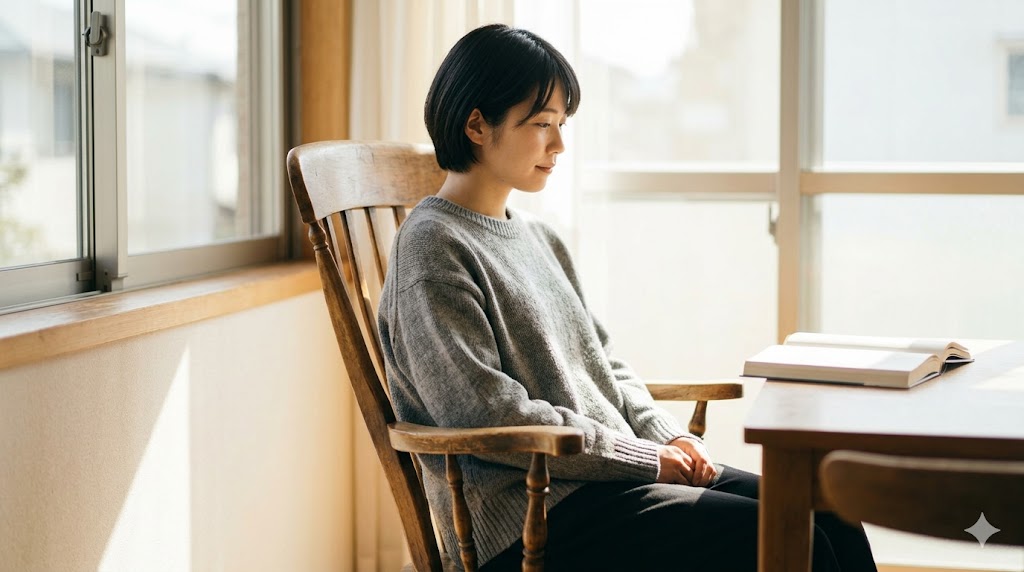椅子に座り、読書をする日本人女性の静止画イメージ（-아/어 있다）。「（すでに座っていて、その状態が続いている）」という状態の継続を表す正しい表現例。