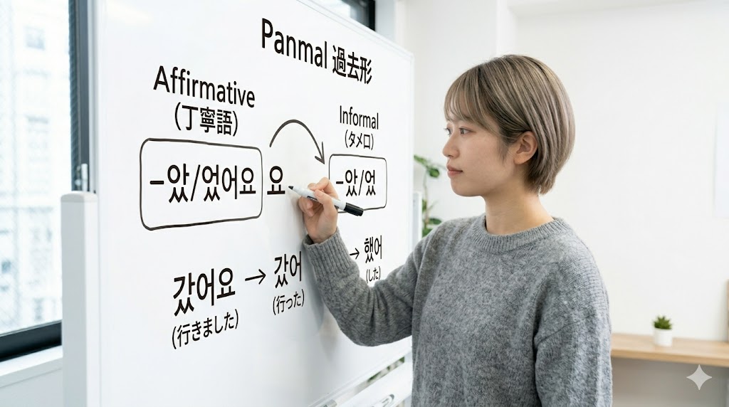 日本人女性学習者が教室のホワイトボードに韓国語のタメ口（パンマル）過去形の構造図を描く、丁寧語から「요」を取るプロセスを可視化