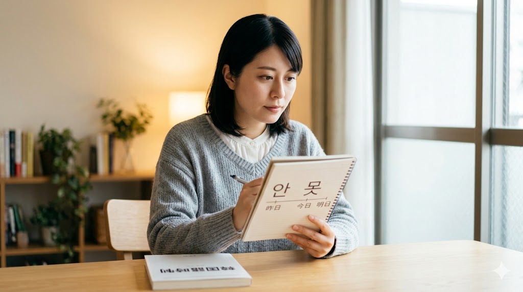 日本人の女性が、自宅のデスクで韓国語の否定表現「안」と「못」の過去形と未来形の使い方について真剣に勉強している。