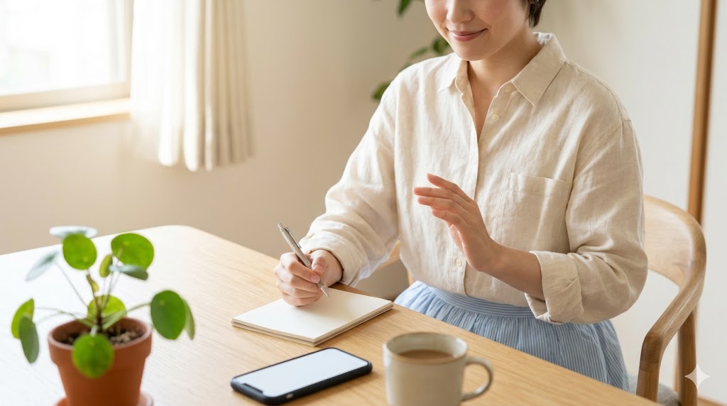 東京の自宅の学習スペースで、アジア人女性が眼鏡をかけ、韓国語のテキストとノートを見つめながら、「-지 않다」の縮約形「-잖다」が持つ、純粋な否定ではなく「確認・同意」という特殊なニュアンスについてじっくりと考えている。
