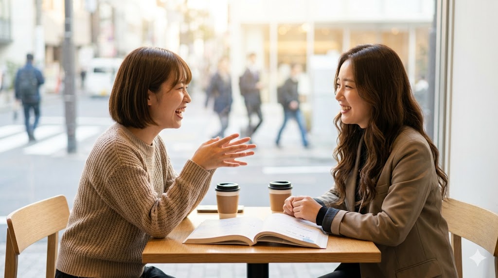 日本のカフェで、韓国人の友人と楽しげに会話する日本人女性。1人は発音を真似するように口を動かし、もう1人は笑顔で教えている。ネイティブのような自然な発音を学ぶ様子を視覚的に表現する。