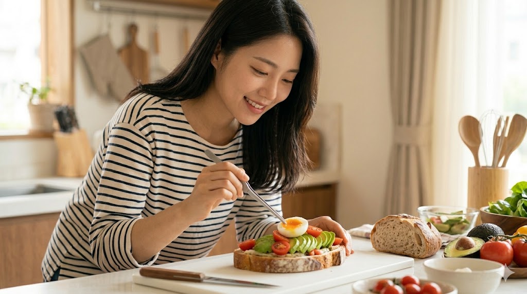 キッチンで楽しそうに料理をしている日本人女性のイメージ画像。自然な光の中で、彼女の手元では新しいサンドイッチが作られており、韓国語で「〜したい」と伝える動詞の活用（行く、食べる、する）の具体例が、日常の行動と結びつけて表現されている。