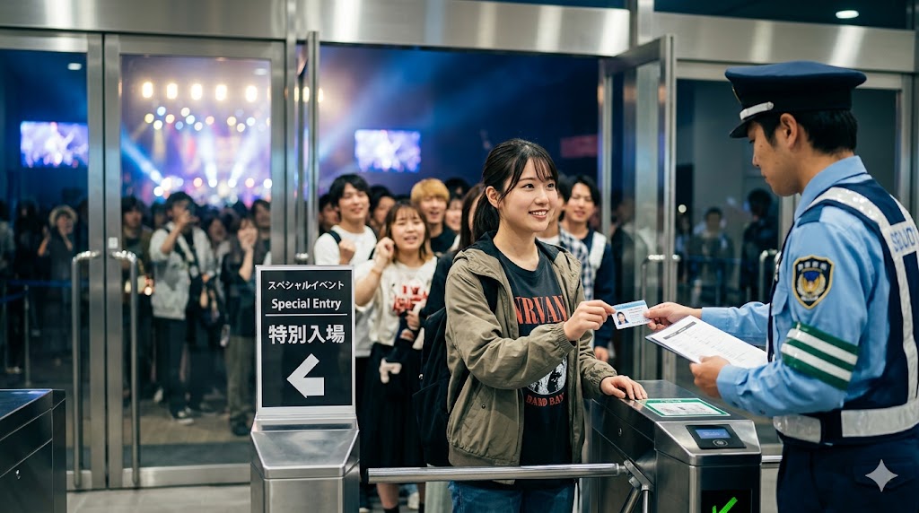 コンサート会場の入口で、スタッフに身分証明書を提示する日本人女性。入場のために「絶対に」必要な必須条件（〜してこそ）を満たす様子。
