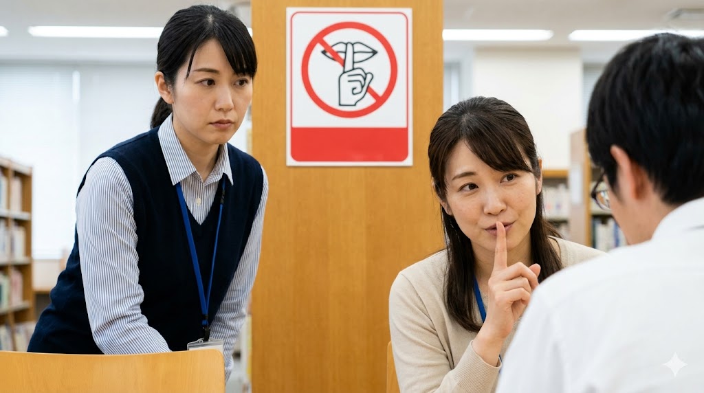 図書館で、公式な「静粛に」のサインと、司書が個人的に「静かにしてください」とジェスチャーでお願いする様子の対比。客観的なルールと主観的な要求の違い。