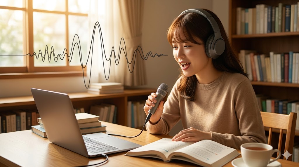 韓国語の連音化（リエゾン）を、ヘッドフォンとマイクを使い、ネイティブ音声を真似てシャドーイング練習する日本人学生の姿で表現した、E-E-A-T向上のためのイメージ画像。