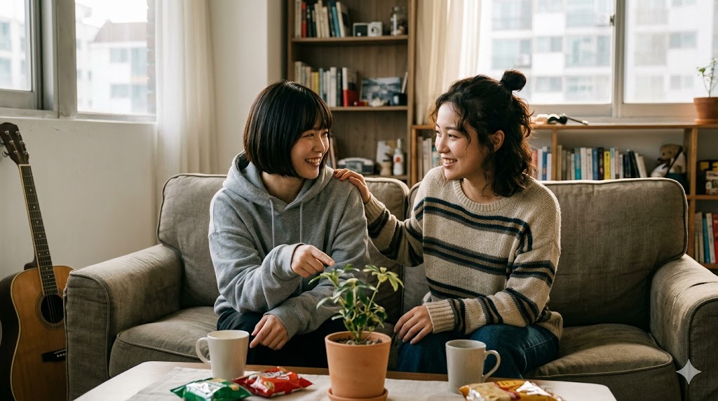 ソウルのアパートで、リラックスした様子で会話する日本人の親友同士の女性。親しい間柄で使われる韓国語のタメ口（パンマル）の依頼表現「〜して（-아/어 줘）」の、甘えや親しみを込めた柔らかいニュアンスを表現。E-E-A-T向上のためのイメージ画像。