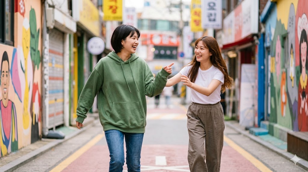 韓国ソウルの弘大（ホンデ）地区で、親しい日本人女性2人が笑顔で路地を走っている。パンマル（タメ口）を使ったカジュアルで元気な勧誘（-자）の場面。