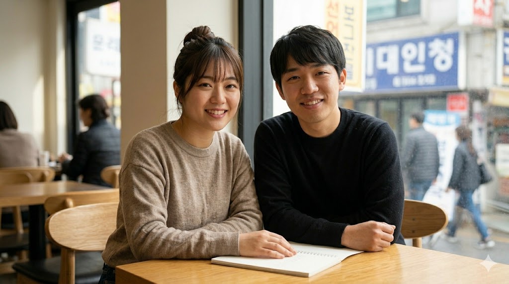 ソウルの地下鉄駅前で、「만나서 반갑습니다（お会いできて嬉しいです）」と笑顔で握手する日本人女性と韓国人女性の友人。