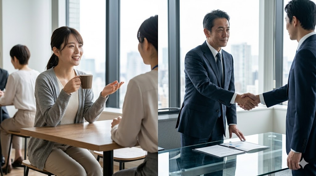 丁寧さの違いを日本人二人の実写で表現。左側は「カジュアル（日常会話）」で、オフィス休憩室にて女子社員が笑顔でコーヒーを片手に同僚と話す。右側は「フォーマル（ビジネス）」で、スーツ姿の男性エグゼクティブが真剣な表情で握手をする。