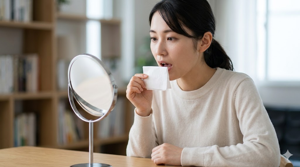 静かな室内でティッシュペーパーを口元に当て、韓国語の濃音発音時の息の流れを確認する日本人女性。鏡を見ながら、真剣に練習している。