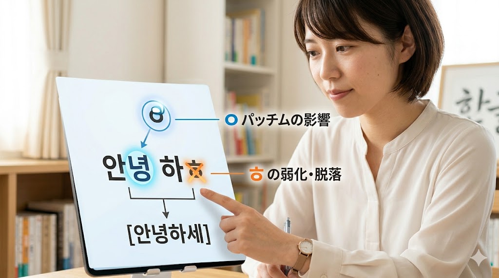 韓国語の挨拶「안녕하세요」の自然な発音を学ぶ日本人女性。肩の力を抜き、息の流れを止めずに「アンニョアセヨ」と柔らかく発音する様子。