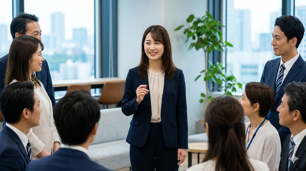 職場でチームメンバーに自己紹介をする日本人女性会社員。