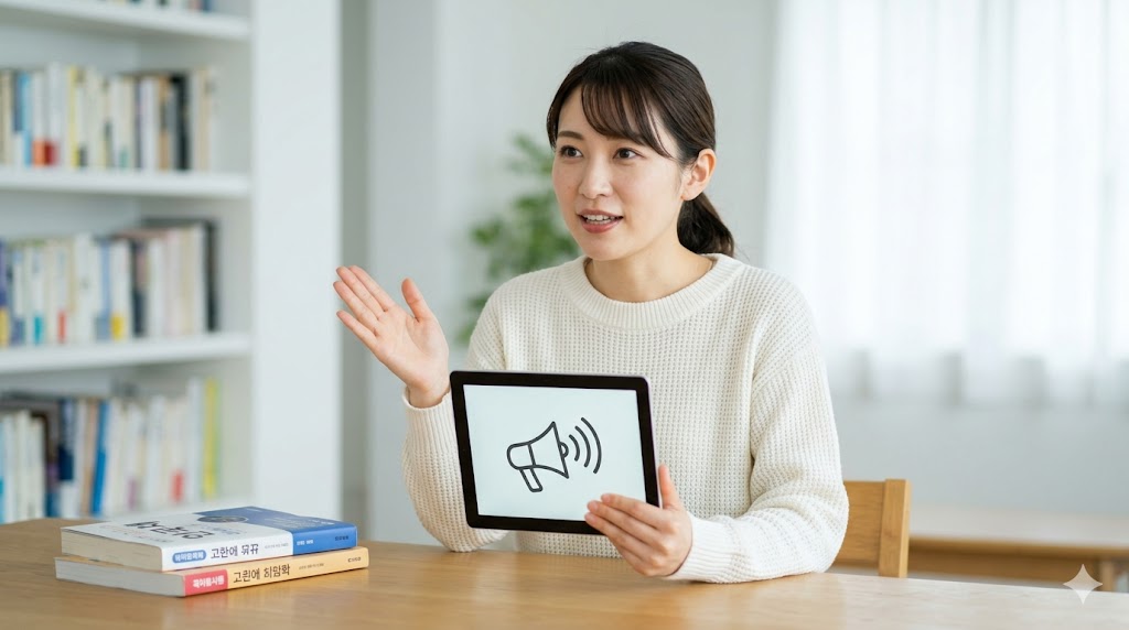 理屈を理解し、声に出して韓国語の助詞を練習する日本の女性。自信を持って話す実践のイメージ。