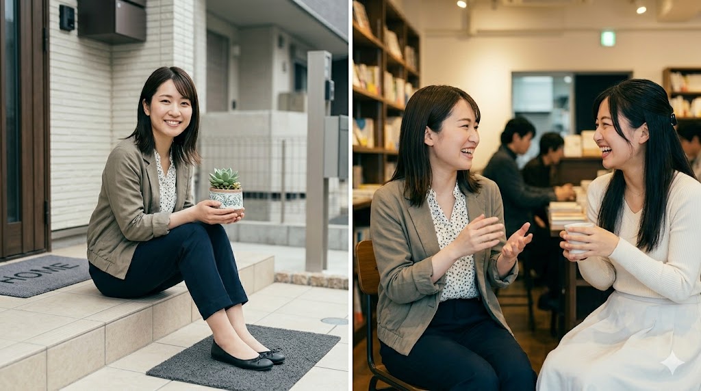 東京の住宅街で日本人女性がアパートの前でリラックスしており、韓国語の動詞「살다（住む）」では、「場所に存在すること（に）」と「場所で生活すること（で）」の両方の助詞が使えることを視覚的に表現している。