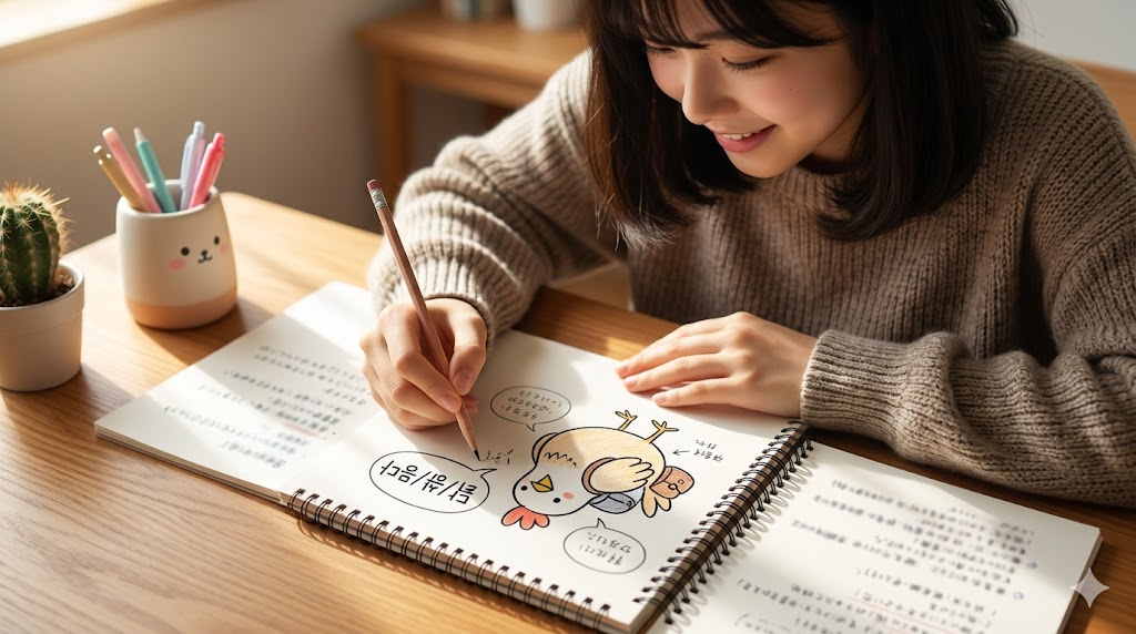 ノートに、ゴロ合わせ「鶏（닭/ㄺ）の人生（삶/ルメ）を吟じる（읊다/elp）右向きの鳥」の情景をイメージした、シュールで楽しげなイラストを描いている、アジア人女性のクローズアップ画像。彼女はイラストを描きながら、右を読む二重パッチムの例外を楽しく覚えようとしている。